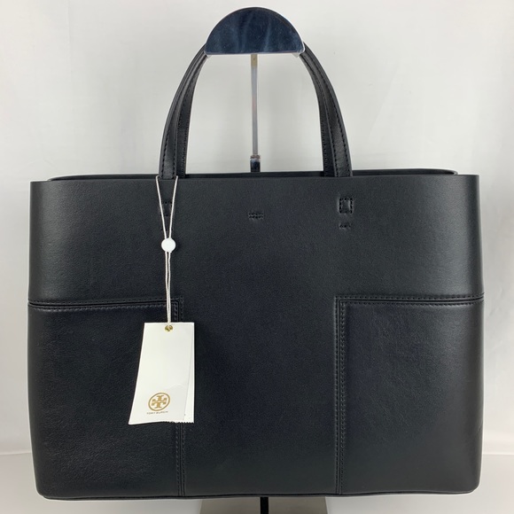 New Tory Burch Block-T Black Leather Tote - Picture 3 of 8